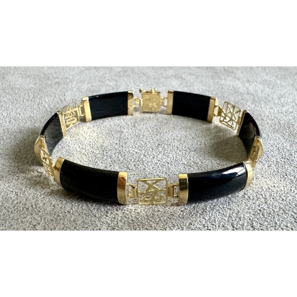 Vintage 14K GOLD Black JADE LINK BRACELET Elegant 7" Chinese Characters 8.61g